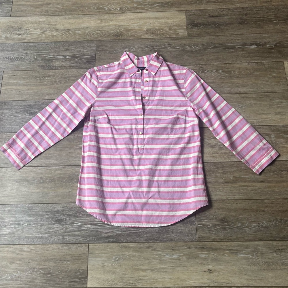 Lands End Lotus Stripe Popover Tunic Top Sz 8T Lightweight Coastal Beach Preppy